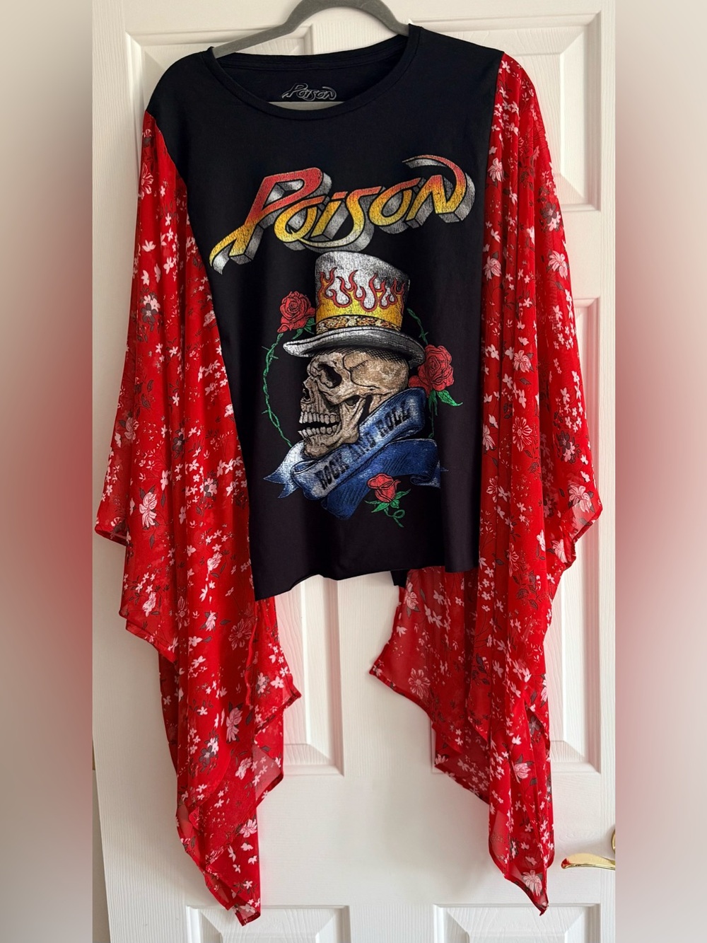 POISON Custom Upcycled Graphic Tee Red Kimono Sleeve Poncho OOAK OSFM BOHO